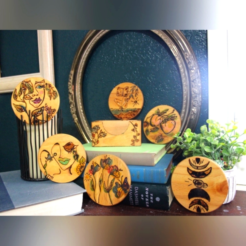 Coster set ( handmade) Woodburned and hand painted, original art. Minamilst look